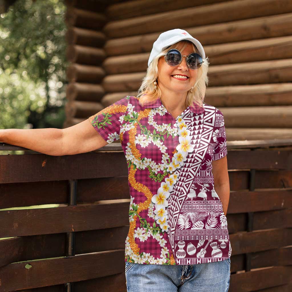 Hawaiian Plumeria Lei Women Polo Shirt Kakau Motifs and Palaka Half Style Pink Color LT03 - Polynesian Pride