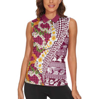 Hawaiian Plumeria Lei Women Sleeveless Polo Shirt Kakau Motifs and Palaka Half Style Pink Color LT03 - Polynesian Pride