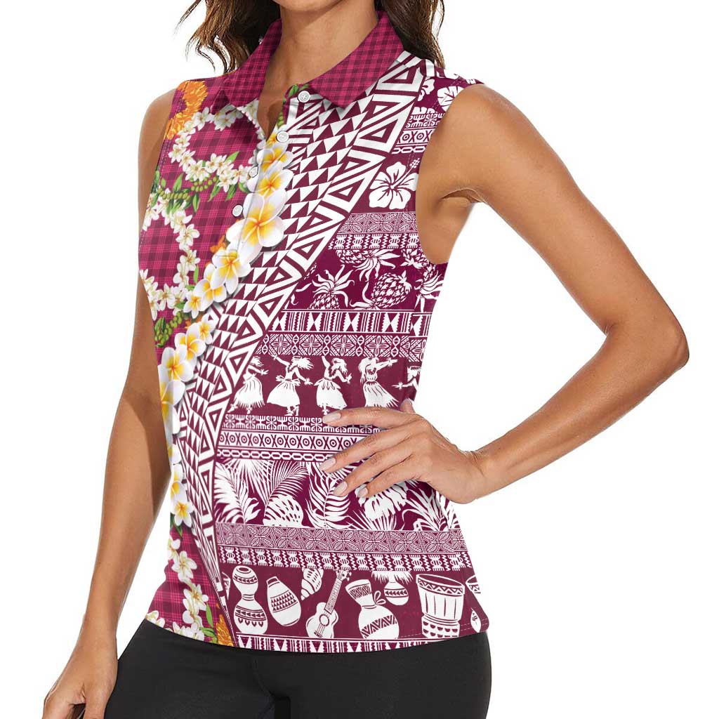 Hawaiian Plumeria Lei Women Sleeveless Polo Shirt Kakau Motifs and Palaka Half Style Pink Color LT03 - Polynesian Pride