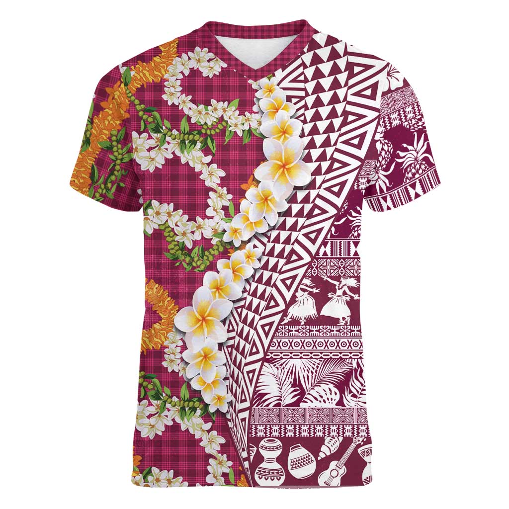 Hawaiian Plumeria Lei Women V-Neck T-Shirt Kakau Motifs and Palaka Half Style Pink Color - Polynesian Pride