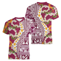 Hawaiian Plumeria Lei Women V-Neck T-Shirt Kakau Motifs and Palaka Half Style Pink Color LT03 - Polynesian Pride