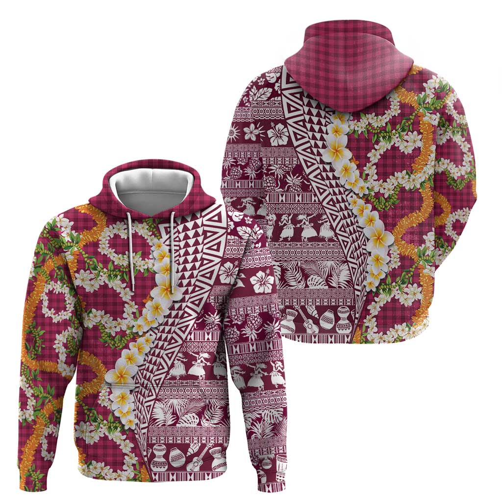Hawaiian Plumeria Lei Zip Hoodie Kakau Motifs and Palaka Half Style Pink Color LT03 - Polynesian Pride