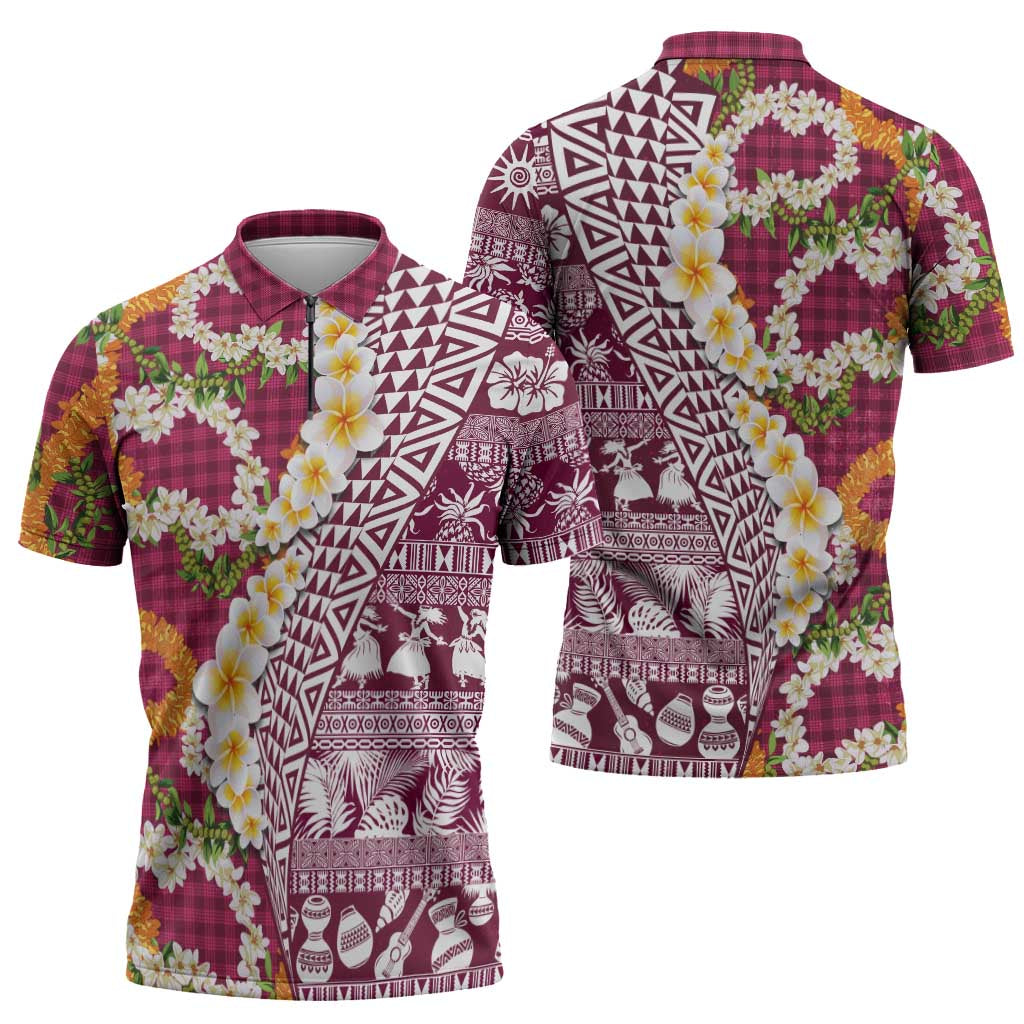 Hawaiian Plumeria Lei Zipper Polo Shirt Kakau Motifs and Palaka Half Style Pink Color LT03 - Polynesian Pride