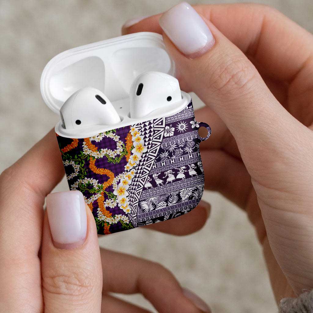 Hawaiian Plumeria Lei AirPods Case Kakau Motifs and Palaka Half Style Purple Color - Polynesian Pride