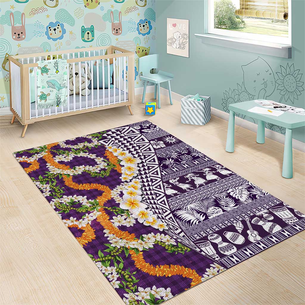 Hawaiian Plumeria Lei Area Rug Kakau Motifs and Palaka Half Style Purple Color - Polynesian Pride