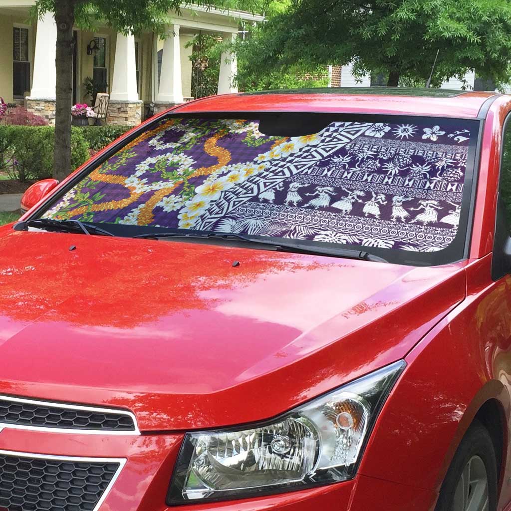 Hawaiian Plumeria Lei Auto Sun Shade Kakau Motifs and Palaka Half Style Purple Color - Polynesian Pride