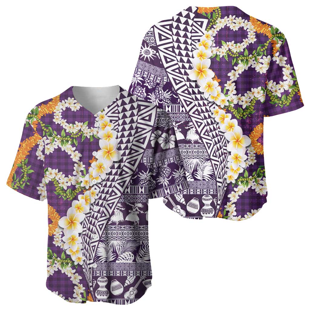 Hawaiian Plumeria Lei Baseball Jersey Kakau Motifs and Palaka Half Style Purple Color - Polynesian Pride
