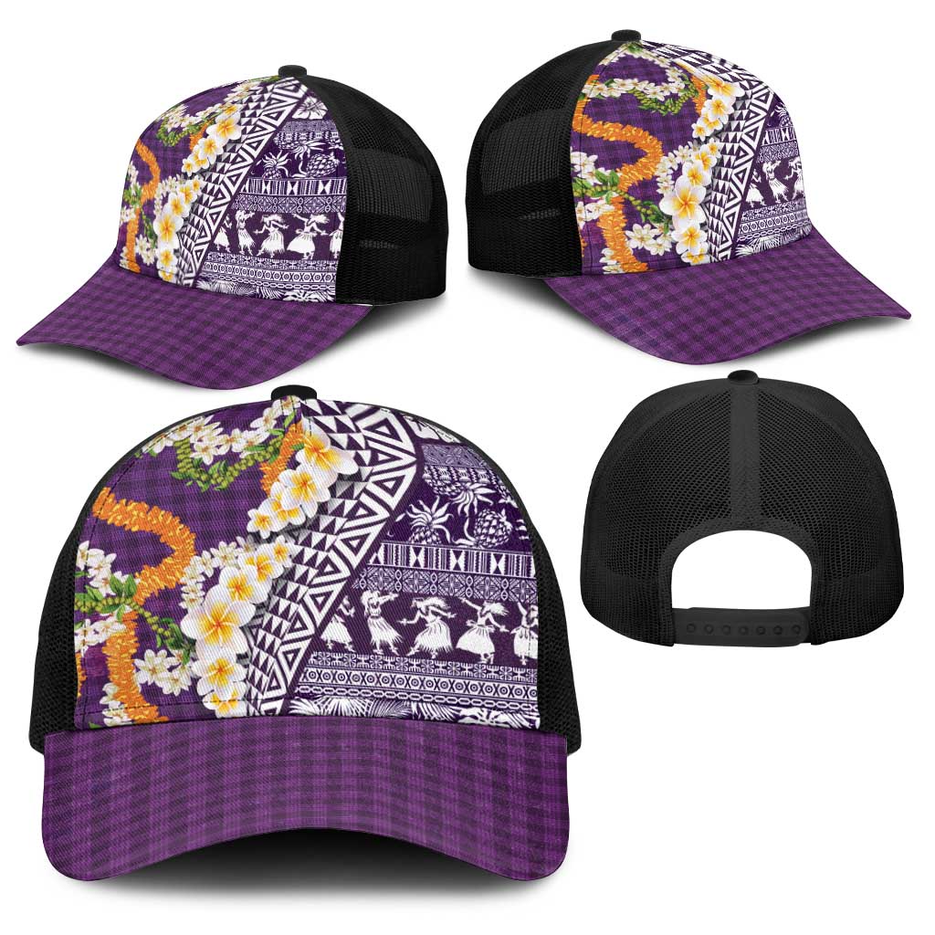Hawaiian Plumeria Lei Baseball Net Cap Kakau Motifs and Palaka Half Style Purple Color - Polynesian Pride