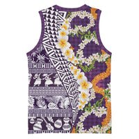 Hawaiian Plumeria Lei Basketball Jersey Kakau Motifs and Palaka Half Style Purple Color LT03 - Polynesian Pride