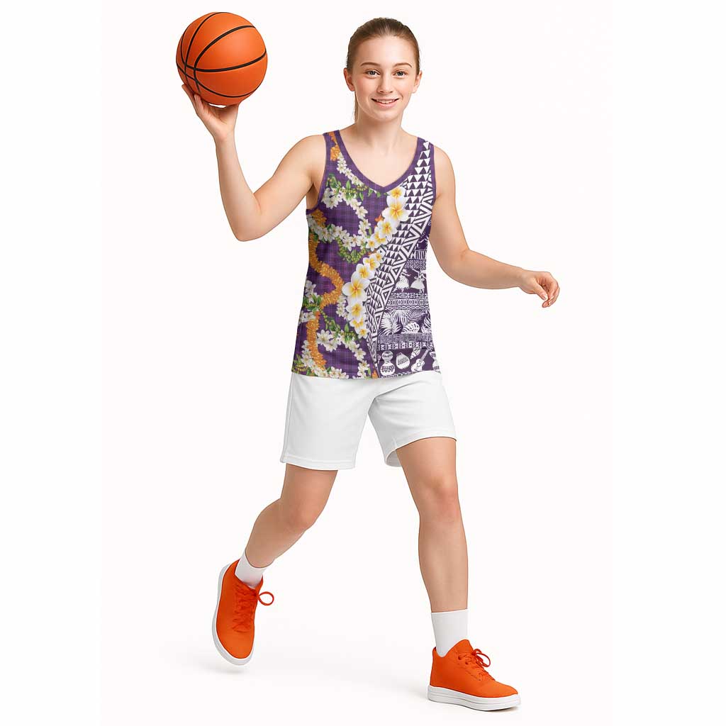 Hawaiian Plumeria Lei Basketball Jersey Kakau Motifs and Palaka Half Style Purple Color LT03 - Polynesian Pride