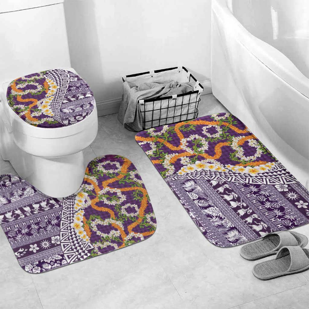 Hawaiian Plumeria Lei Bathroom Set Kakau Motifs and Palaka Half Style Purple Color - Polynesian Pride