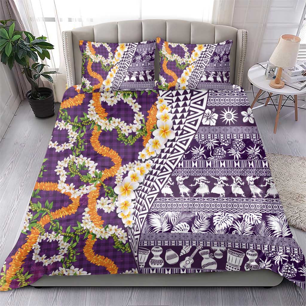 Hawaiian Plumeria Lei Bedding Set Kakau Motifs and Palaka Half Style Purple Color LT03 - Polynesian Pride