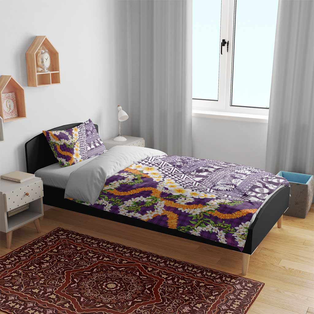 Hawaiian Plumeria Lei Bedding Set Kakau Motifs and Palaka Half Style Purple Color LT03 - Polynesian Pride