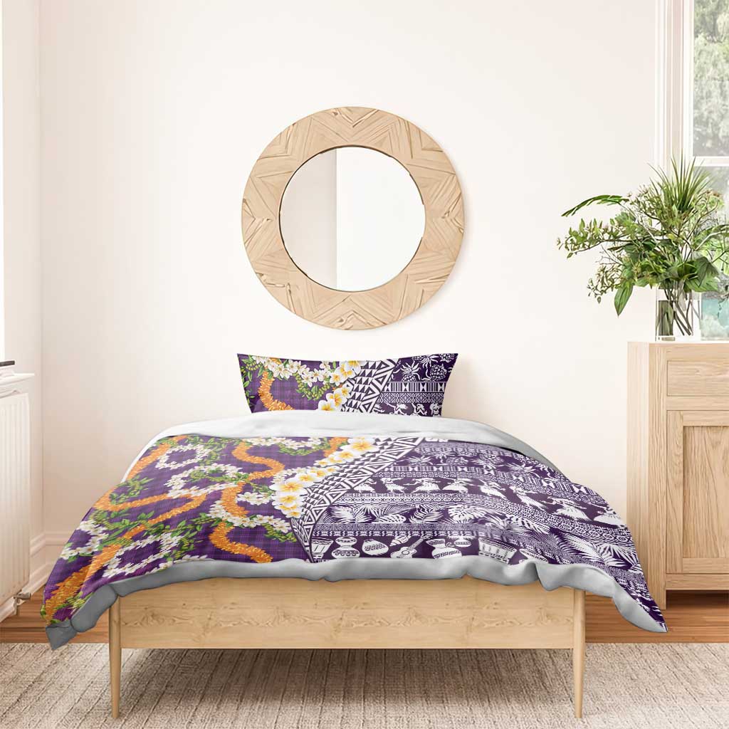 Hawaiian Plumeria Lei Bedding Set Kakau Motifs and Palaka Half Style Purple Color LT03 - Polynesian Pride