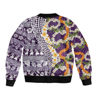Hawaiian Plumeria Lei Bomber Jacket Kakau Motifs and Palaka Half Style Purple Color - Polynesian Pride