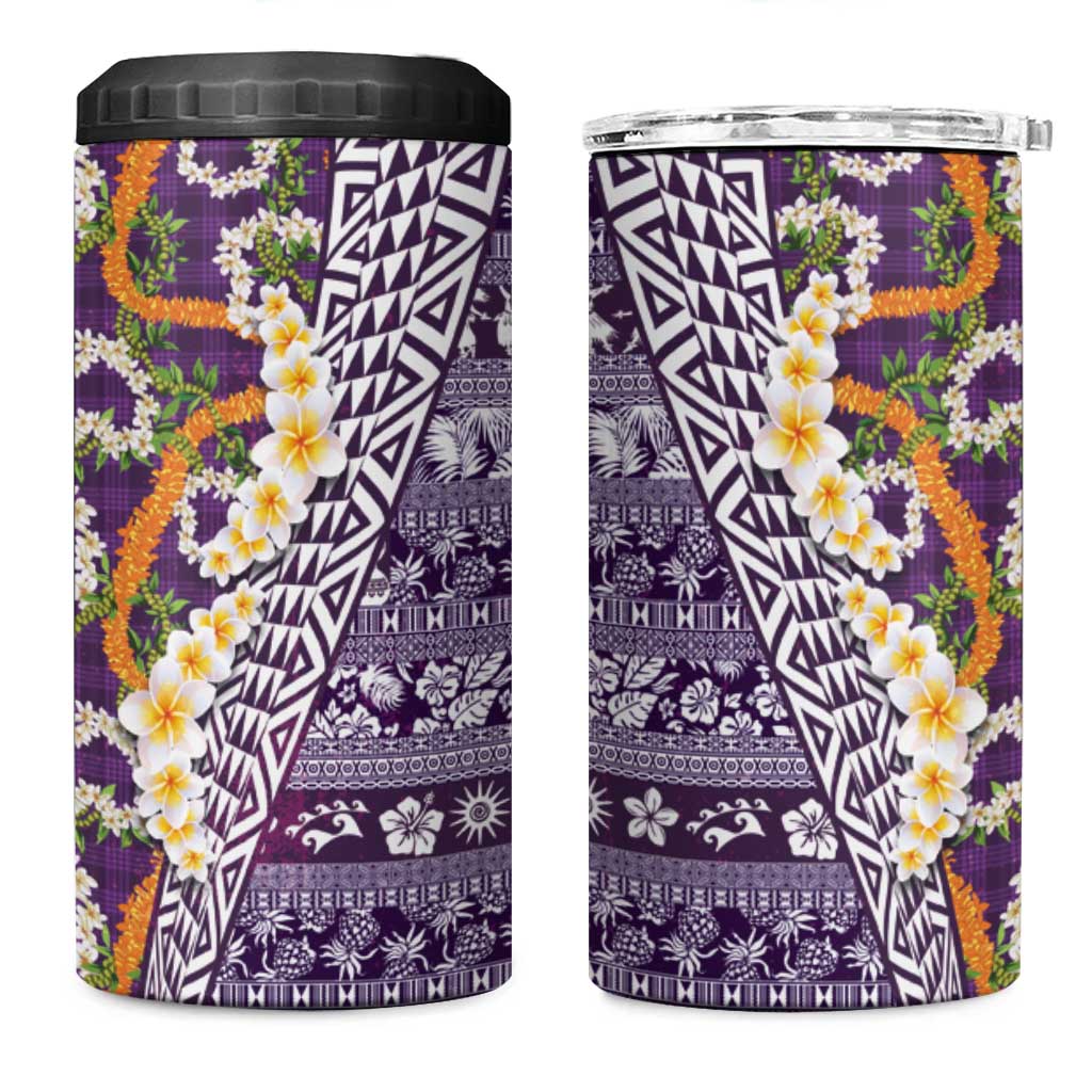 Hawaiian Plumeria Lei 4 in 1 Can Cooler Tumbler Kakau Motifs and Palaka Half Style Purple Color LT03 One Size: 16 oz Purple - Polynesian Pride