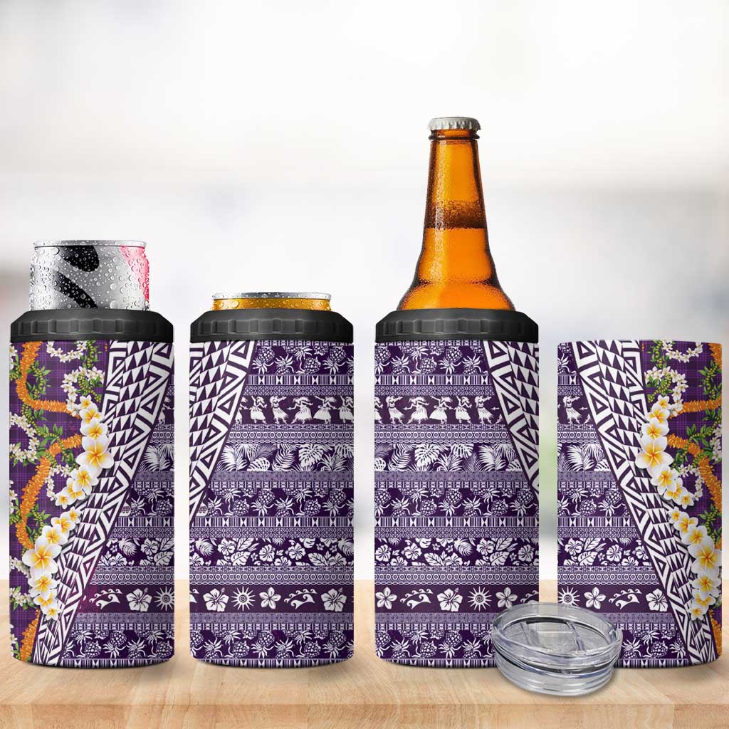 Hawaiian Plumeria Lei 4 in 1 Can Cooler Tumbler Kakau Motifs and Palaka Half Style Purple Color LT03 - Polynesian Pride