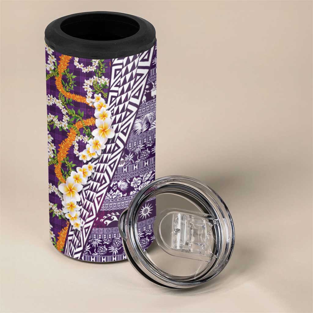 Hawaiian Plumeria Lei 4 in 1 Can Cooler Tumbler Kakau Motifs and Palaka Half Style Purple Color LT03 - Polynesian Pride