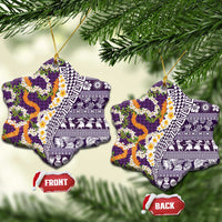 Hawaiian Plumeria Lei Ceramic Ornament Kakau Motifs and Palaka Half Style Purple Color - Polynesian Pride