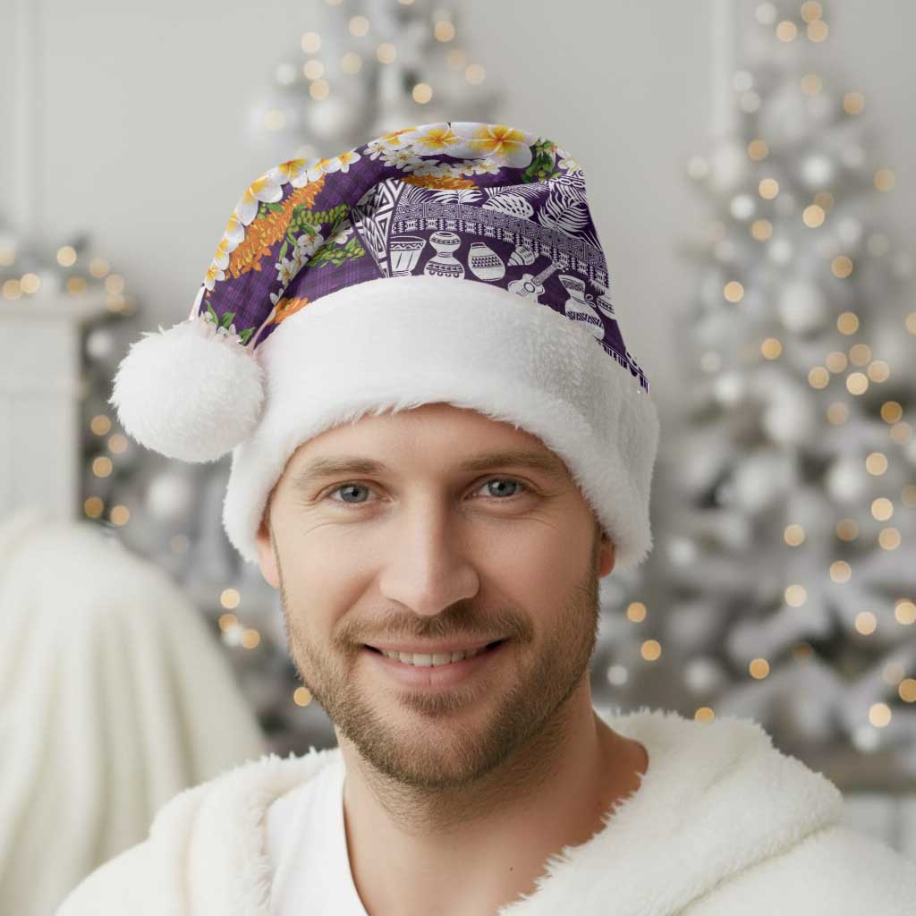 Hawaiian Plumeria Lei Christmas Santa Hat Kakau Motifs and Palaka Half Style Purple Color LT03 - Polynesian Pride