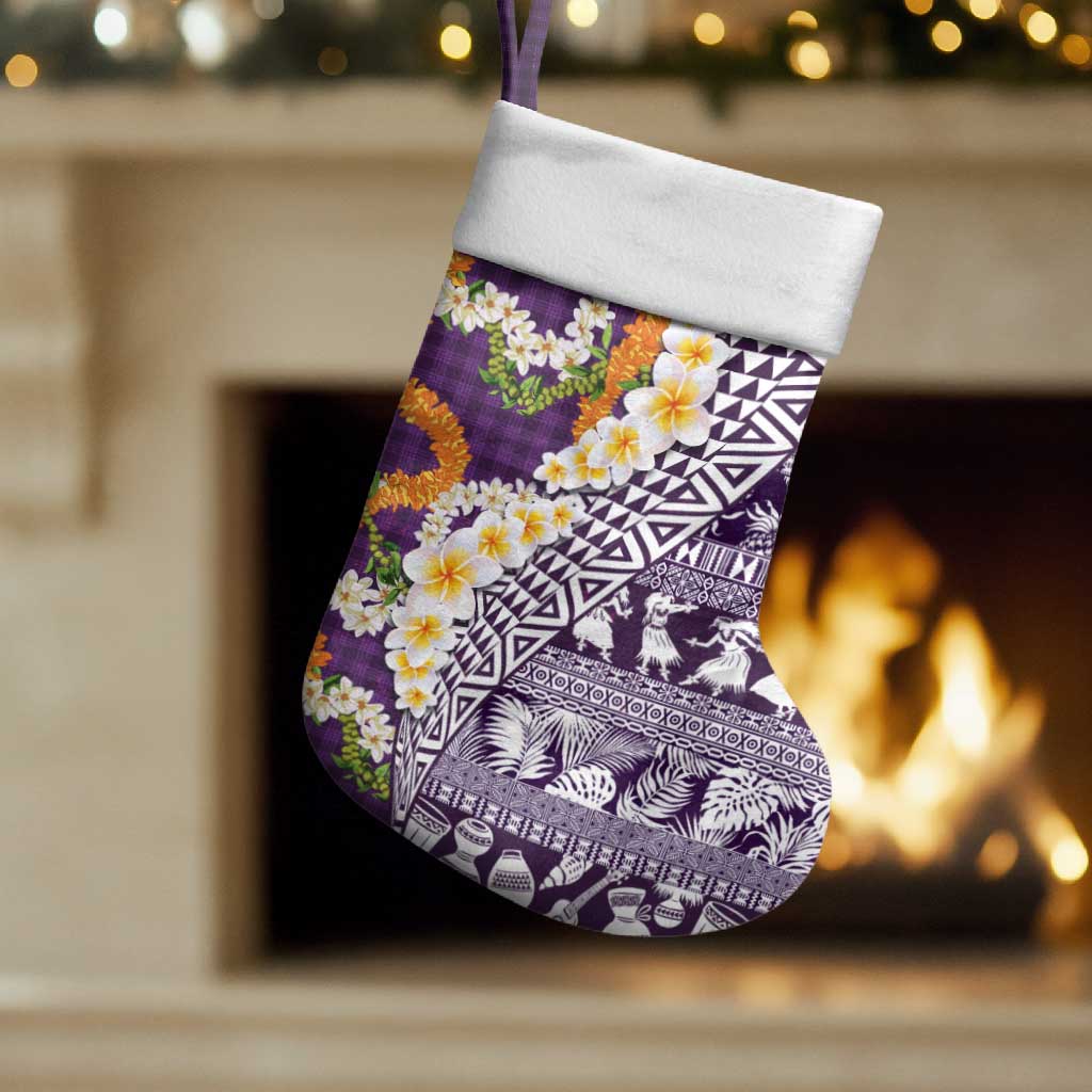 Hawaiian Plumeria Lei Christmas Stocking Kakau Motifs and Palaka Half Style Purple Color - Polynesian Pride
