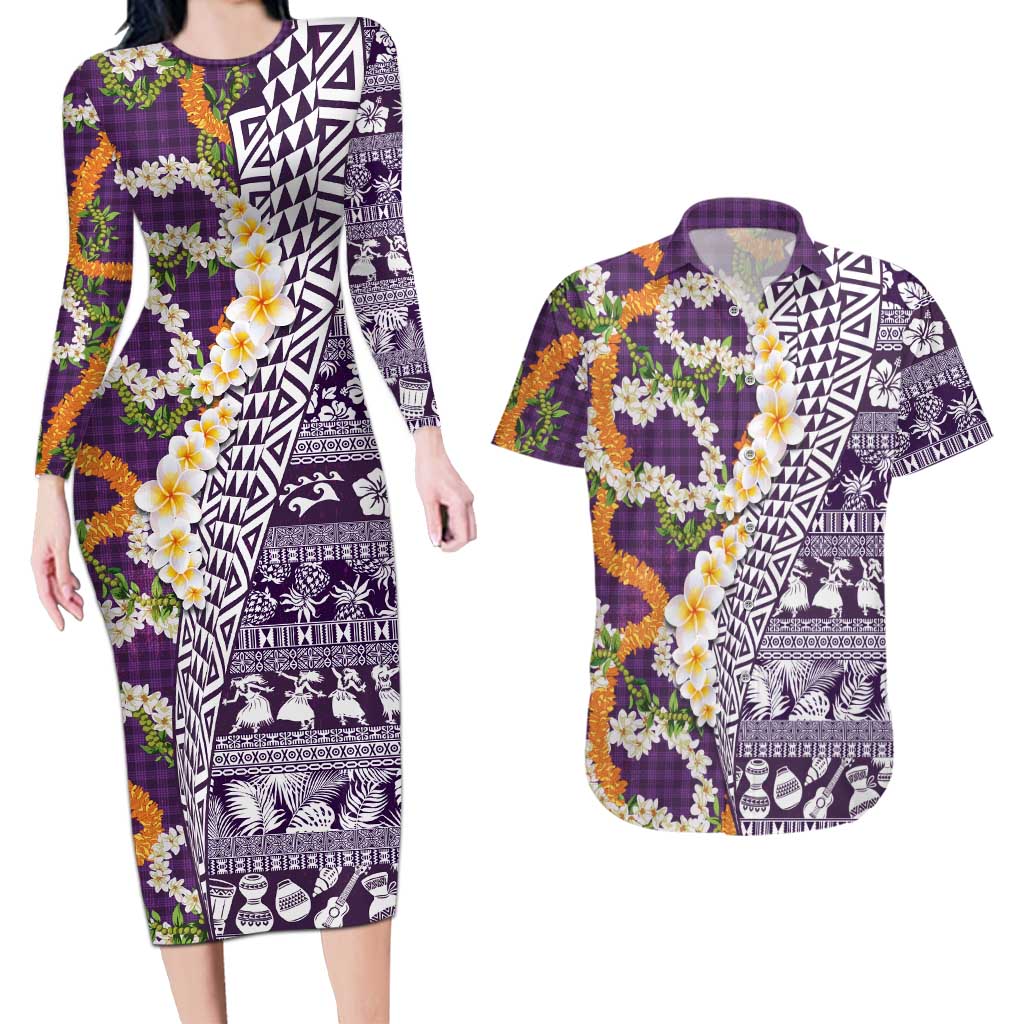 Hawaiian Plumeria Lei Couples Matching Long Sleeve Bodycon Dress and Hawaiian Shirt Kakau Motifs and Palaka Half Style Purple Color LT03 Purple - Polynesian Pride