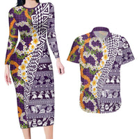 Hawaiian Plumeria Lei Couples Matching Long Sleeve Bodycon Dress and Hawaiian Shirt Kakau Motifs and Palaka Half Style Purple Color LT03 Purple - Polynesian Pride