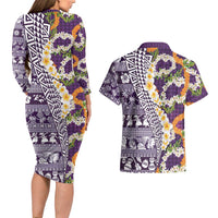 Hawaiian Plumeria Lei Couples Matching Long Sleeve Bodycon Dress and Hawaiian Shirt Kakau Motifs and Palaka Half Style Purple Color LT03 - Polynesian Pride