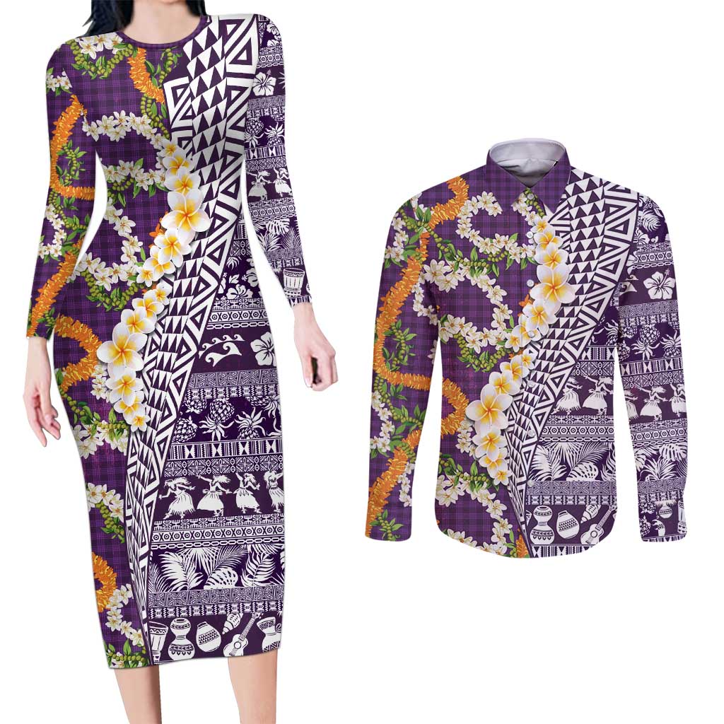 Hawaiian Plumeria Lei Couples Matching Long Sleeve Bodycon Dress and Long Sleeve Button Shirt Kakau Motifs and Palaka Half Style Purple Color LT03 Purple - Polynesian Pride