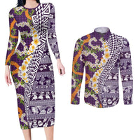 Hawaiian Plumeria Lei Couples Matching Long Sleeve Bodycon Dress and Long Sleeve Button Shirt Kakau Motifs and Palaka Half Style Purple Color LT03 Purple - Polynesian Pride