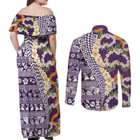 Hawaiian Plumeria Lei Couples Matching Off Shoulder Maxi Dress and Long Sleeve Button Shirt Kakau Motifs and Palaka Half Style Purple Color LT03 - Polynesian Pride