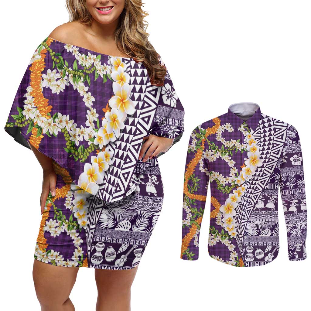 Hawaiian Plumeria Lei Couples Matching Off Shoulder Short Dress and Long Sleeve Button Shirt Kakau Motifs and Palaka Half Style Purple Color LT03 Purple - Polynesian Pride