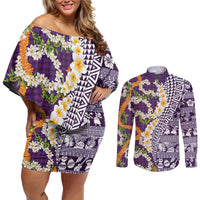 Hawaiian Plumeria Lei Couples Matching Off Shoulder Short Dress and Long Sleeve Button Shirt Kakau Motifs and Palaka Half Style Purple Color LT03 Purple - Polynesian Pride
