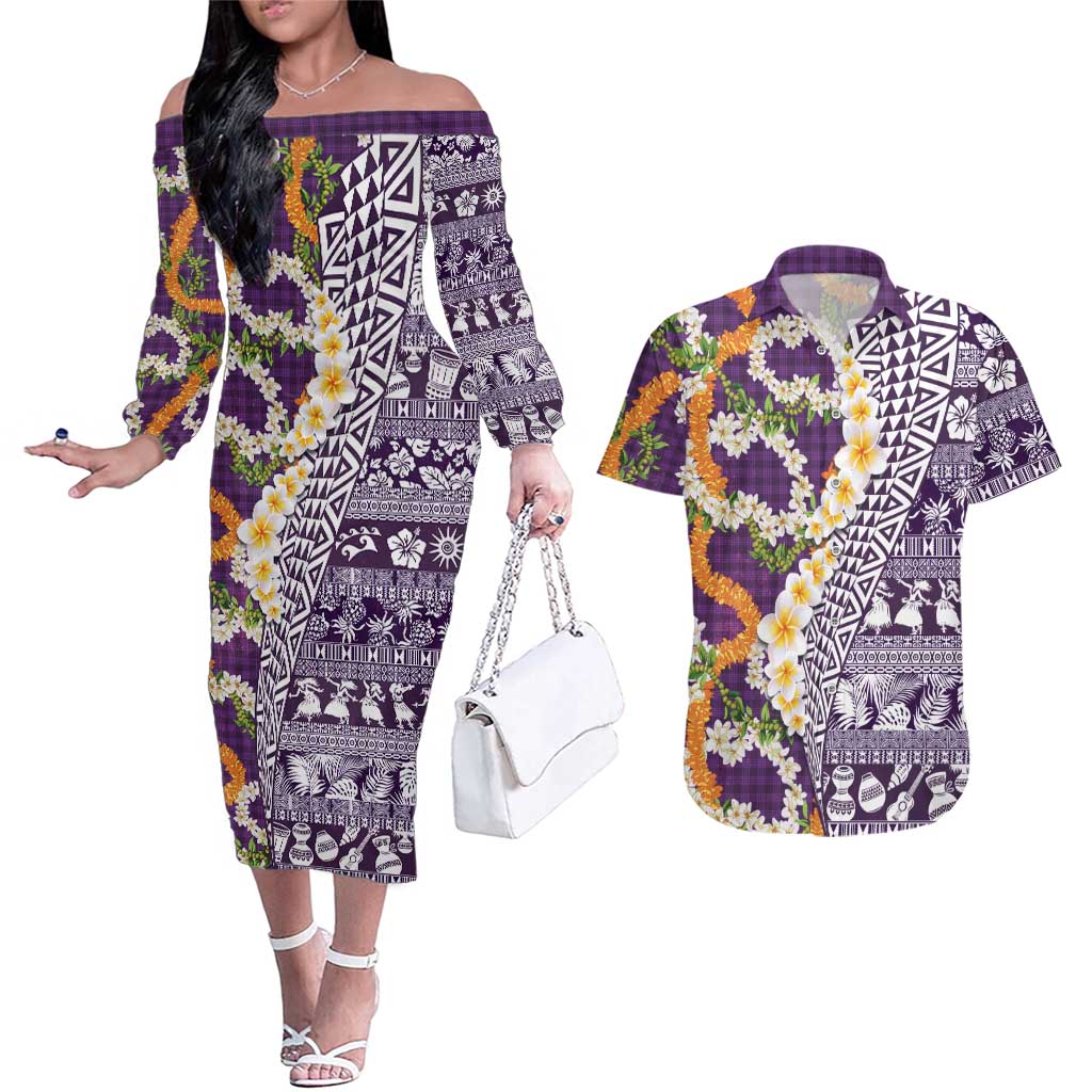 Hawaiian Plumeria Lei Couples Matching Off The Shoulder Long Sleeve Dress and Hawaiian Shirt Kakau Motifs and Palaka Half Style Purple Color LT03 Purple - Polynesian Pride