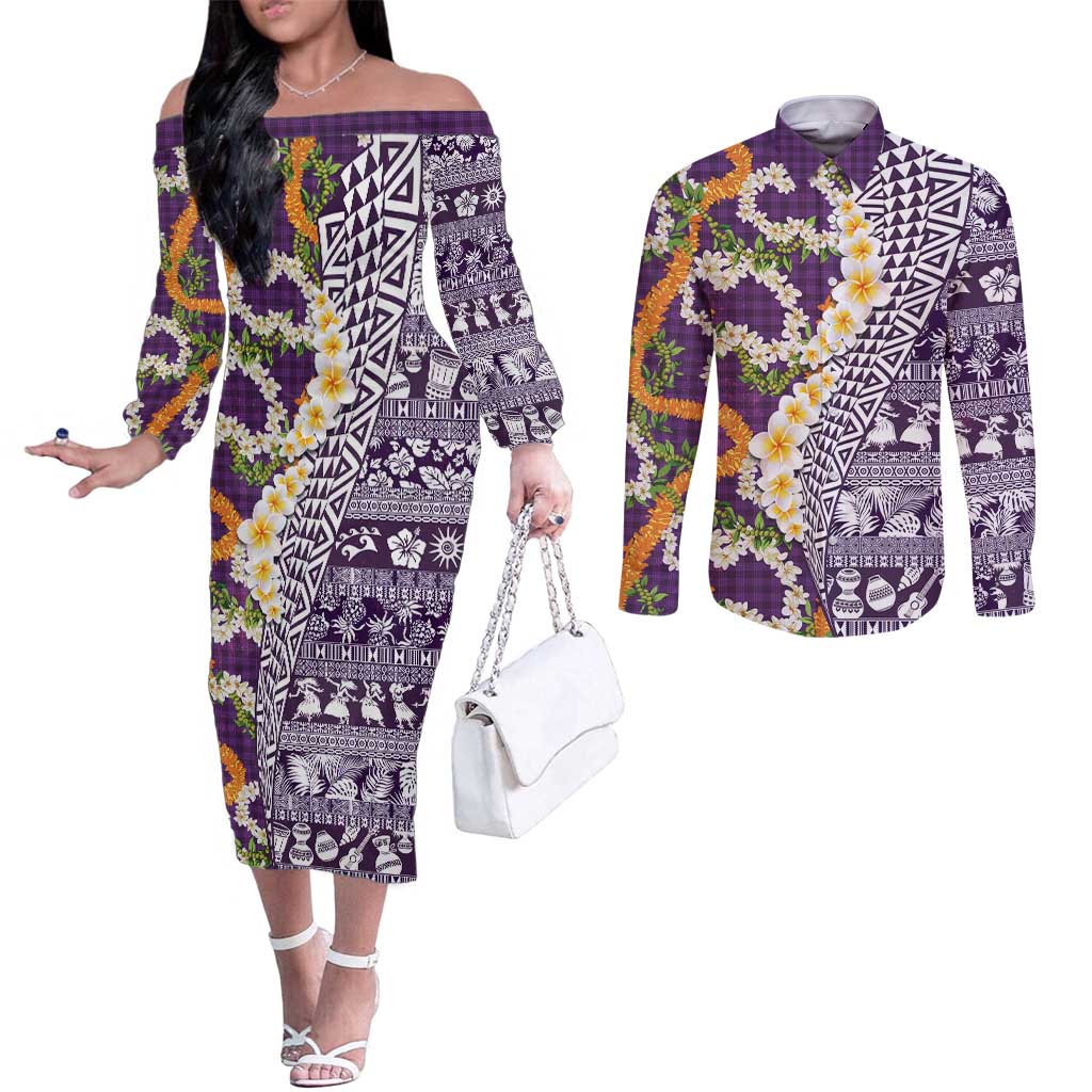 Hawaiian Plumeria Lei Couples Matching Off The Shoulder Long Sleeve Dress and Long Sleeve Button Shirt Kakau Motifs and Palaka Half Style Purple Color LT03 Purple - Polynesian Pride