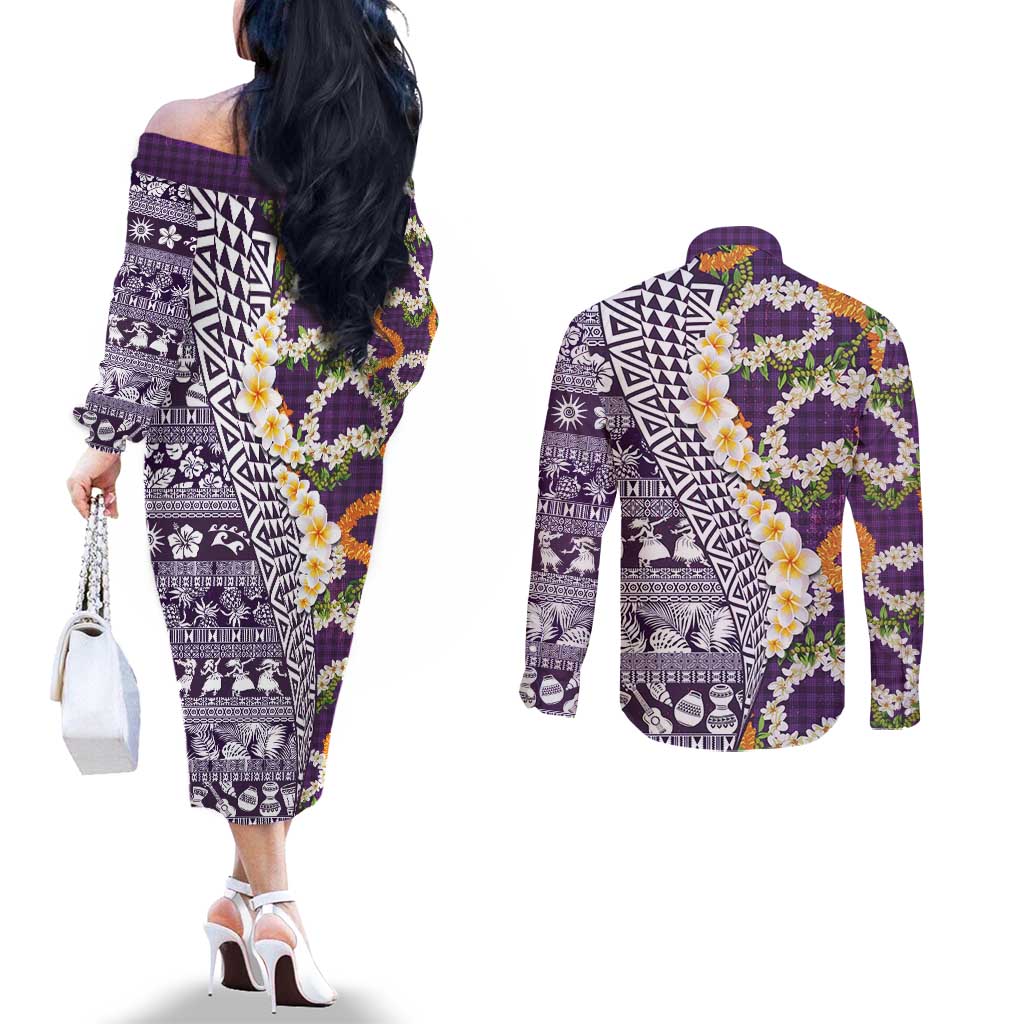 Hawaiian Plumeria Lei Couples Matching Off The Shoulder Long Sleeve Dress and Long Sleeve Button Shirt Kakau Motifs and Palaka Half Style Purple Color LT03 - Polynesian Pride