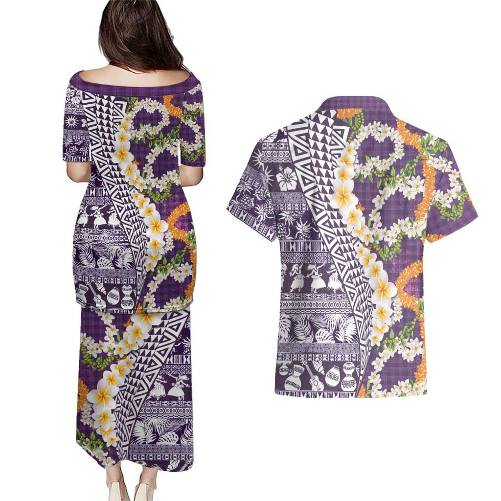 Hawaiian Plumeria Lei Couples Matching Puletasi and Hawaiian Shirt Kakau Motifs and Palaka Half Style Purple Color LT03 - Polynesian Pride
