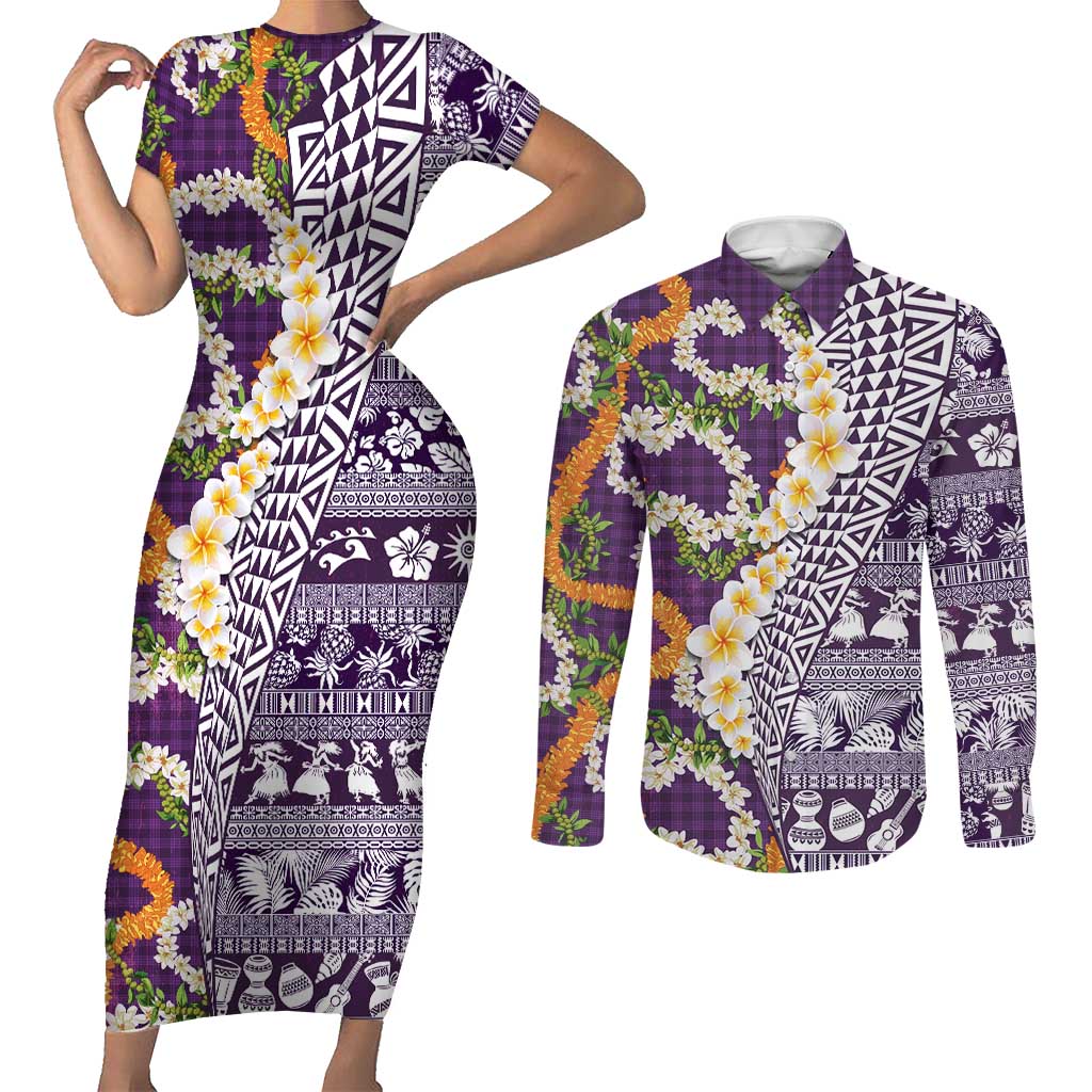 Hawaiian Plumeria Lei Couples Matching Short Sleeve Bodycon Dress and Long Sleeve Button Shirt Kakau Motifs and Palaka Half Style Purple Color - Polynesian Pride