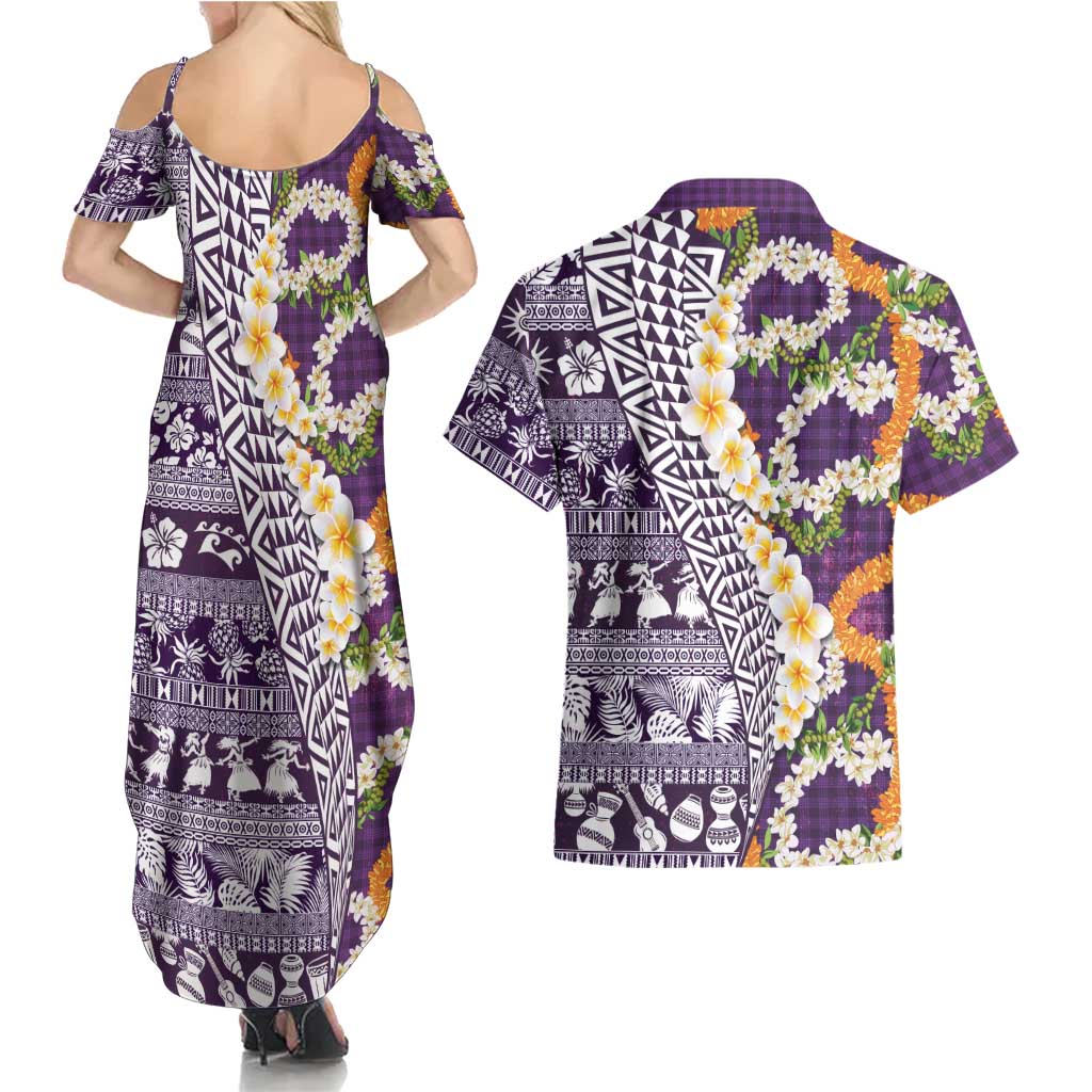 Hawaiian Plumeria Lei Couples Matching Summer Maxi Dress and Hawaiian Shirt Kakau Motifs and Palaka Half Style Purple Color LT03 - Polynesian Pride