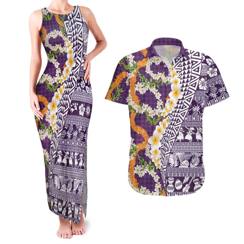 Hawaiian Plumeria Lei Couples Matching Tank Maxi Dress and Hawaiian Shirt Kakau Motifs and Palaka Half Style Purple Color - Polynesian Pride