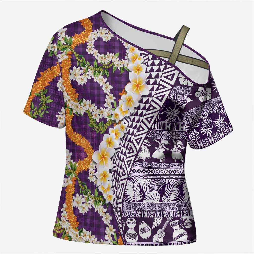 Hawaiian Plumeria Lei Cross Shoulder Shirt Kakau Motifs and Palaka Half Style Purple Color - Polynesian Pride