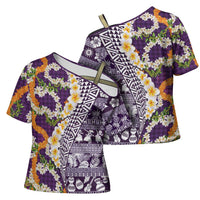 Hawaiian Plumeria Lei Cross Shoulder Shirt Kakau Motifs and Palaka Half Style Purple Color LT03 - Polynesian Pride