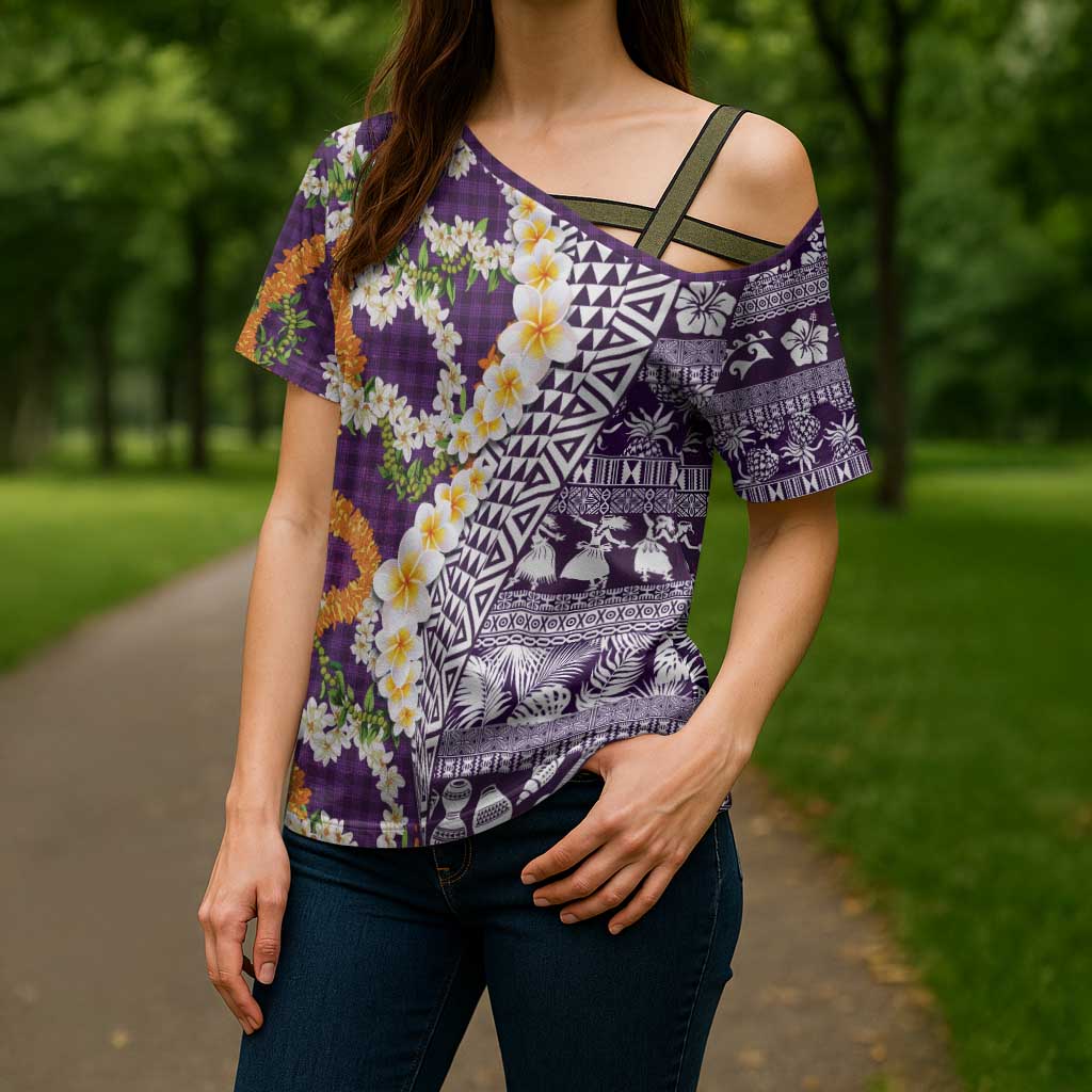 Hawaiian Plumeria Lei Cross Shoulder Shirt Kakau Motifs and Palaka Half Style Purple Color LT03 - Polynesian Pride