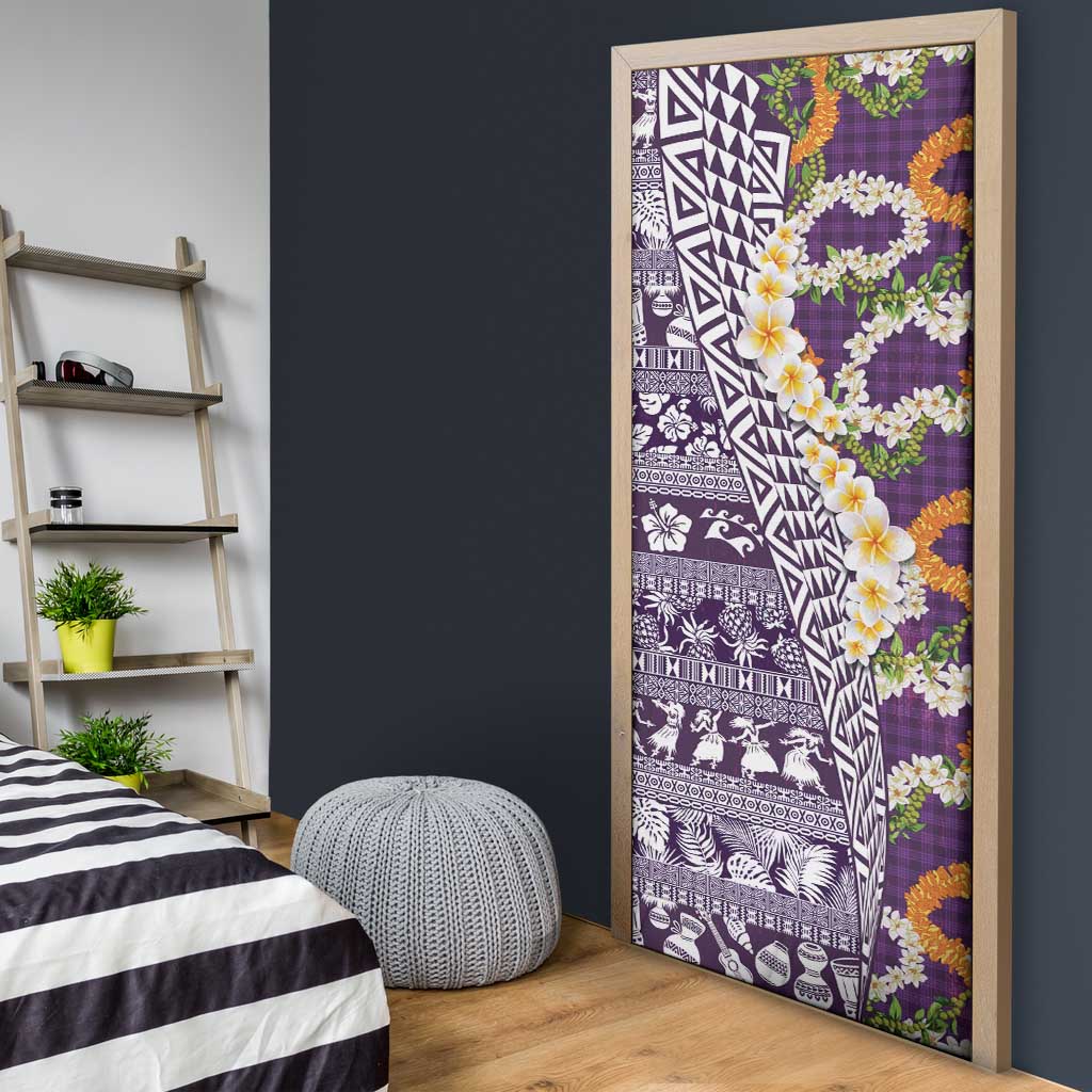 Hawaiian Plumeria Lei Door Cover Kakau Motifs and Palaka Half Style Purple Color LT03 - Polynesian Pride