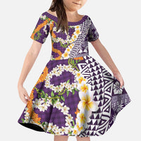 Hawaiian Plumeria Lei Family Matching Long Sleeve Bodycon Dress and Hawaiian Shirt Kakau Motifs and Palaka Half Style Purple Color LT03 Daughter's Dress Purple - Polynesian Pride