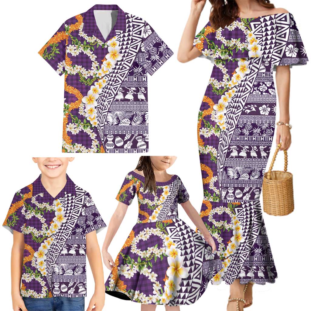 Hawaiian Plumeria Lei Family Matching Mermaid Dress and Hawaiian Shirt Kakau Motifs and Palaka Half Style Purple Color - Polynesian Pride