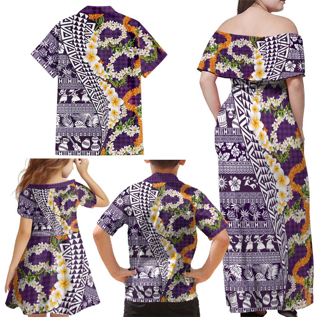 Hawaiian Plumeria Lei Family Matching Off Shoulder Maxi Dress and Hawaiian Shirt Kakau Motifs and Palaka Half Style Purple Color LT03 - Polynesian Pride