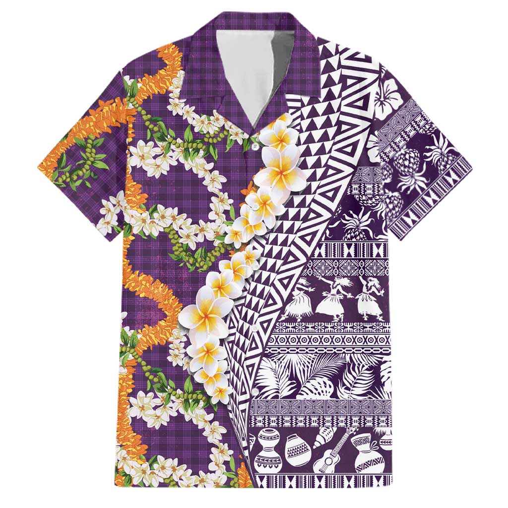 Hawaiian Plumeria Lei Family Matching Off Shoulder Maxi Dress and Hawaiian Shirt Kakau Motifs and Palaka Half Style Purple Color LT03 Dad's Shirt - Short Sleeve Purple - Polynesian Pride