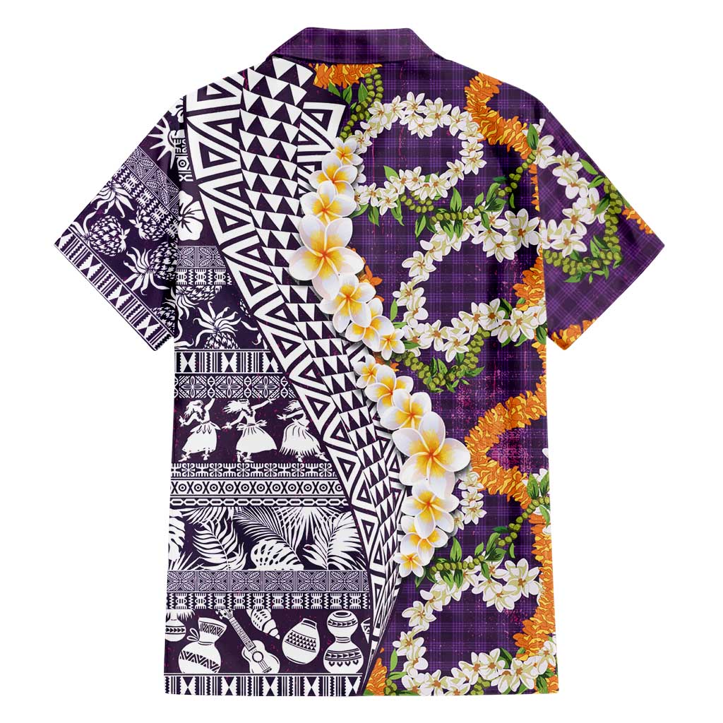 Hawaiian Plumeria Lei Family Matching Off Shoulder Maxi Dress and Hawaiian Shirt Kakau Motifs and Palaka Half Style Purple Color LT03 - Polynesian Pride