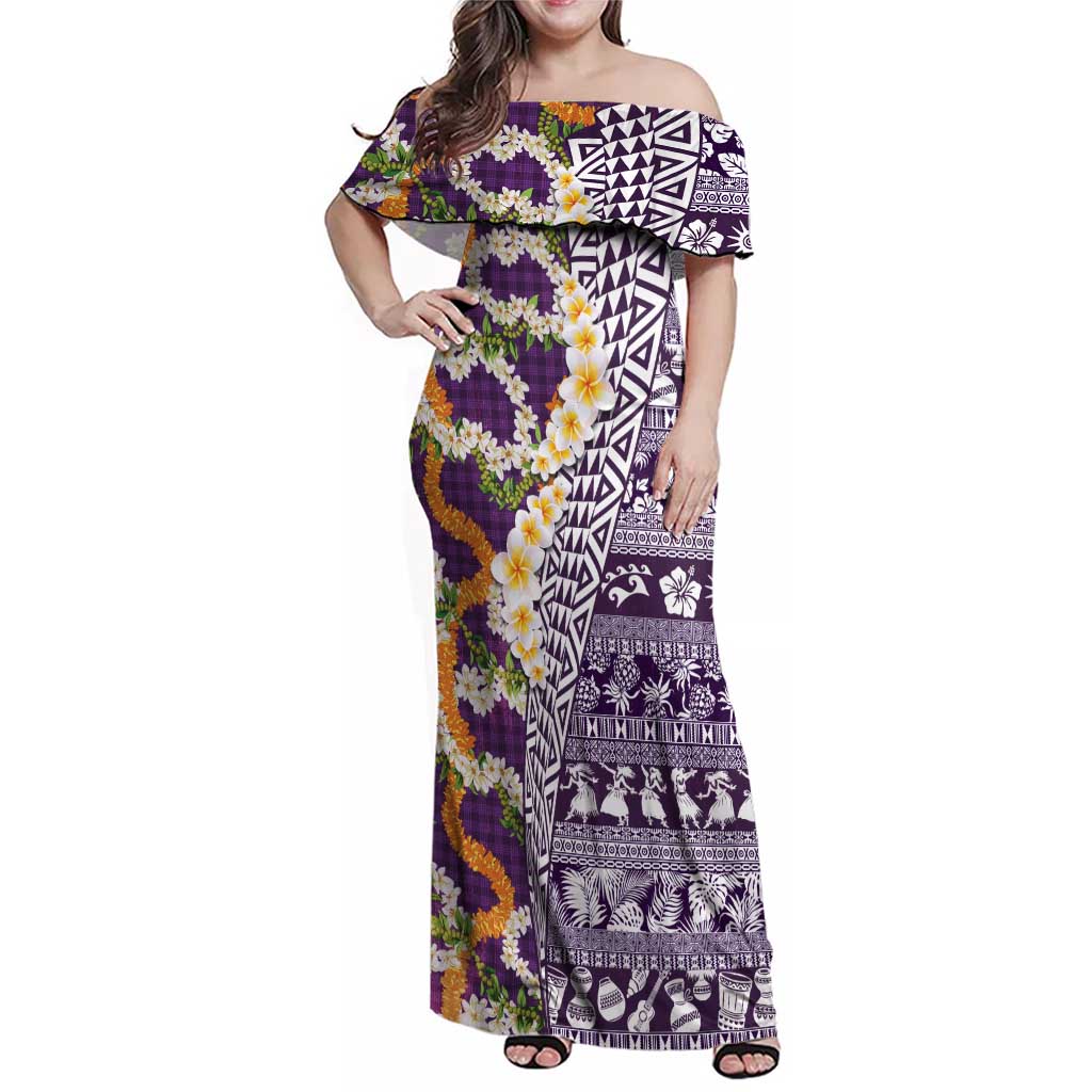 Hawaiian Plumeria Lei Family Matching Off Shoulder Maxi Dress and Hawaiian Shirt Kakau Motifs and Palaka Half Style Purple Color LT03 Mom's Dress Purple - Polynesian Pride